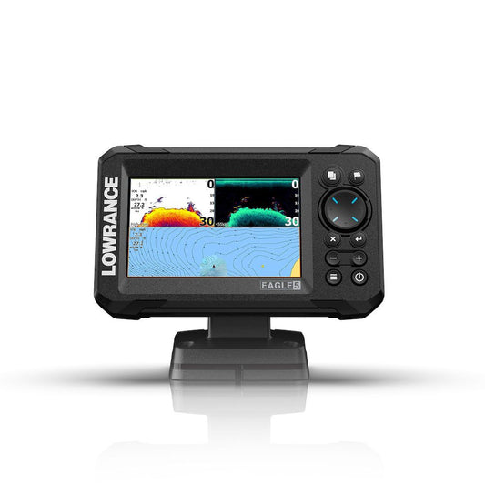Front view of the Lowrance Eagle 5 fishfinder/chartplotter with SplitShot HD transducer