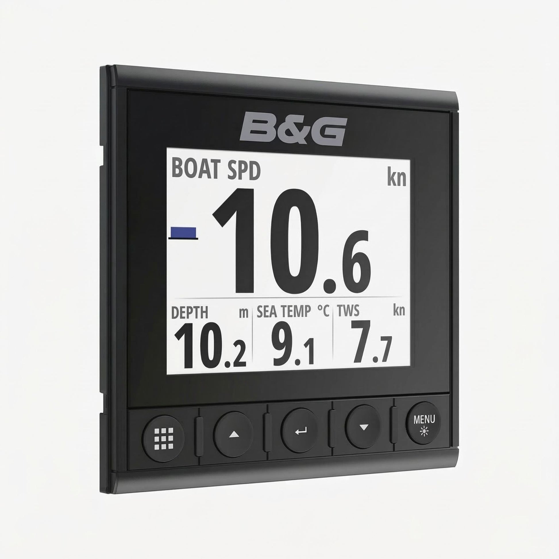 B&G sailing instrument displaying depth, speed, wind, and compass data