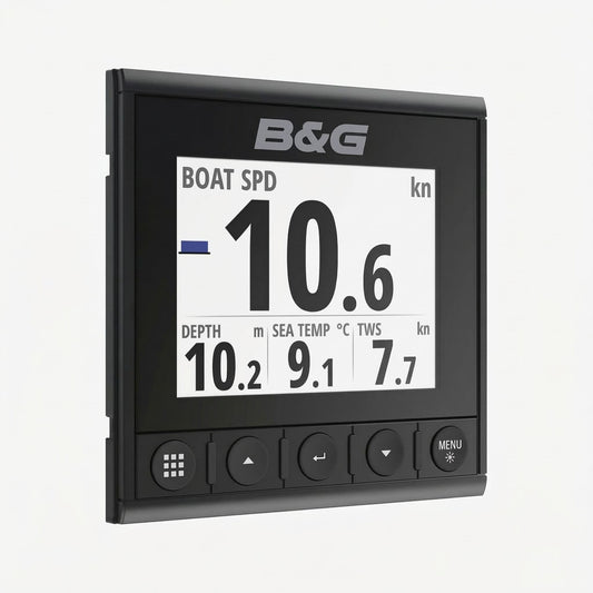 B&G sailing instrument displaying depth, speed, wind, and compass data