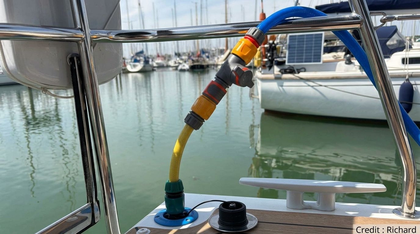 Bouchon de remplissage de pont de bateau attaché à un tuyau d'arrosage