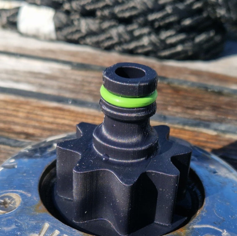 Standard garden hose fitting with an O-ring for a watertight seal