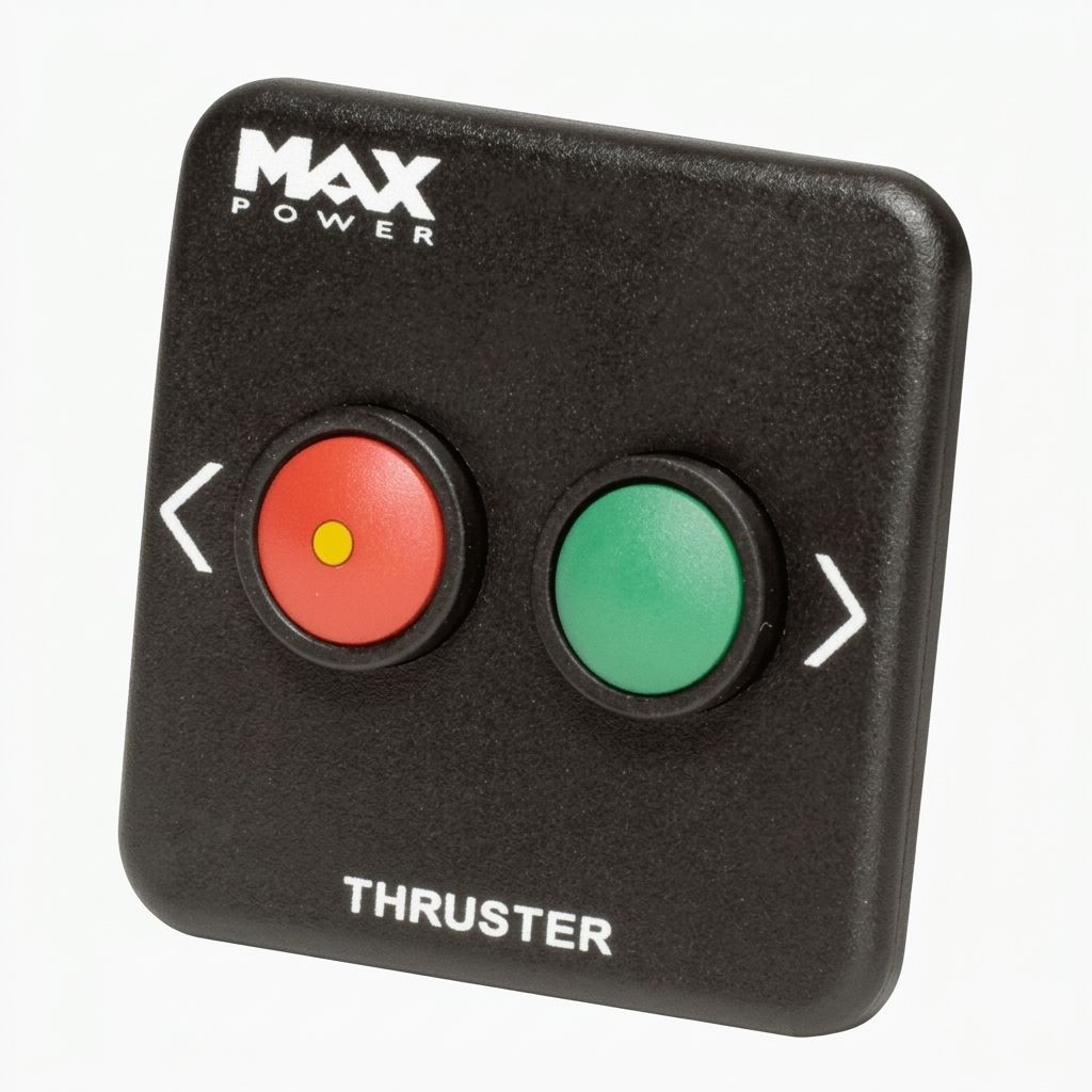 Control panel for a sailboat thruster from Max Power with two buttons labeled "left" and "right."