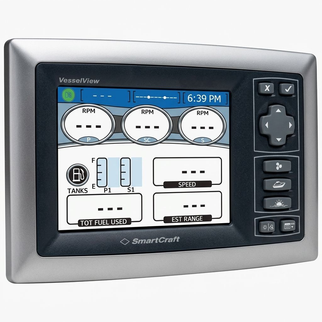 SmartCraft VesselView 2010 version engine control panel from Mercury with a black background and digital display.