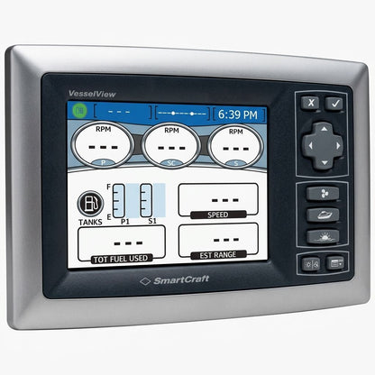SmartCraft VesselView 2010 version engine control panel from Mercury with a black background and digital display.