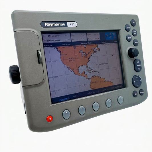 Raymarine C80 traceur GPS Sondeur Radar écran LCD 8,4" avec une façade noire et écran affichant une carte nautique.