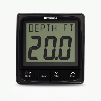 Raymarine i50 depth marine instrument with a straight edge display.