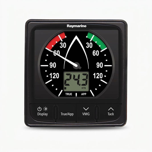 Raymarine i60 wind instrument with straight edges and a digital display.