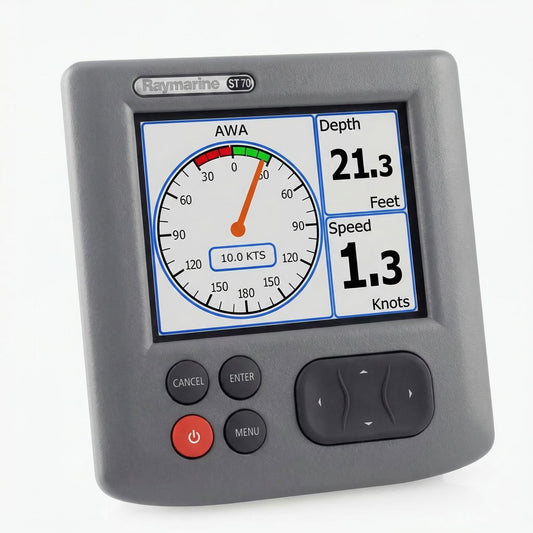 Flush-mounted Raymarine ST70 autopilot control unit.