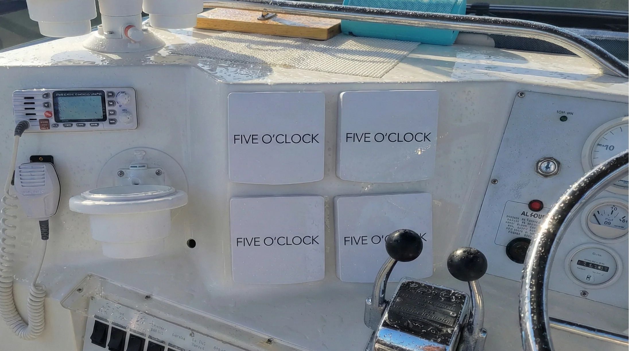 Sailboat helm with a steering wheel, throttle control, navigation instruments, and radio equipment.