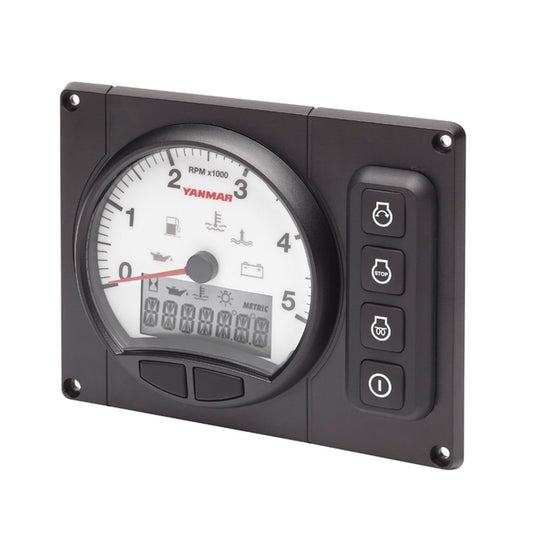 Panneau de commande du moteur affichant le tachymètre, la jauge de pression d'huile et divers boutons de commande.